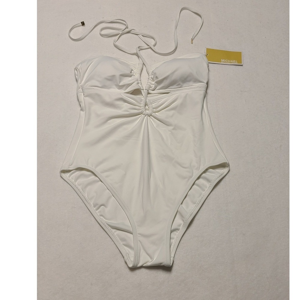 Michael Kors Women's White Halter One Piece Swimsuit Keyhole Ring Detail